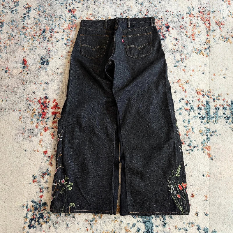 Y2K Blossom Baggy Jeans Trendy Floral Embroidery Streamlined Seams Unisex Streetwear Retro Harajuku Style Oversized Fit Pants Royal Drip