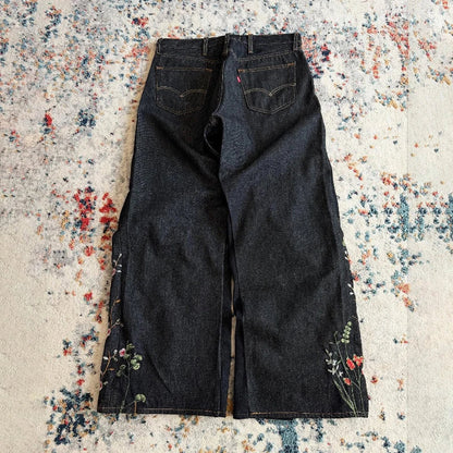 Y2K Blossom Baggy Jeans Trendy Floral Embroidery Streamlined Seams Unisex Streetwear Retro Harajuku Style Oversized Fit Pants Royal Drip