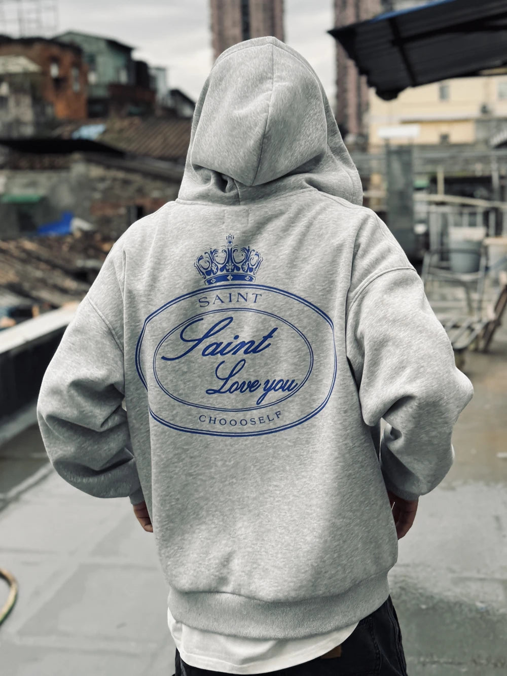 Yao Fashion  SAINT OF MICHAEL Zipper Casual Fleece Unisex Coat Loose Vintage Simple Graphics Print Streetwear Men Hooded Jacket Royal Drip