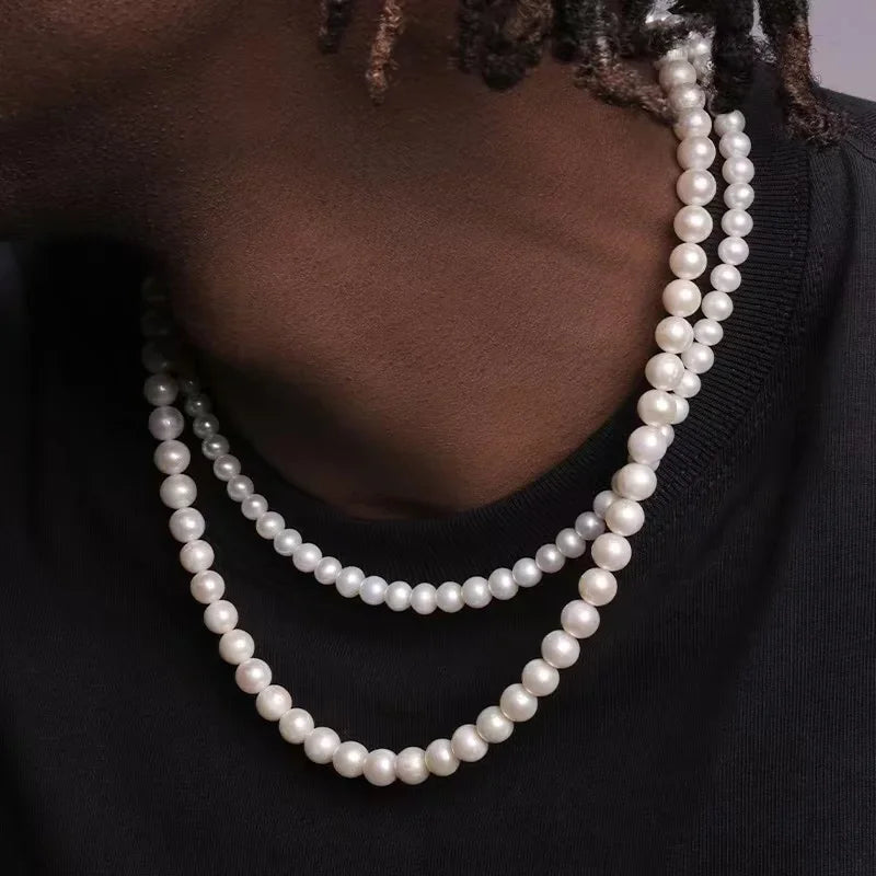 Pearl Necklace Men Simple Handmade Strand Bead Necklace 2024 New Trendy Men Jewelry for Women Girls Wedding Banquet Necklaces Royal Drip