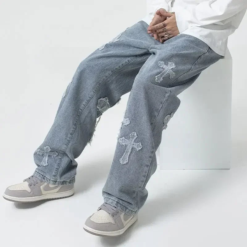 Autumn Fashion Trousers Cross Denim Pants Streetwear Hip Hop Low Rise Baggy Jeans For  Korean Y2k Women Cargo Pants Royal Drip