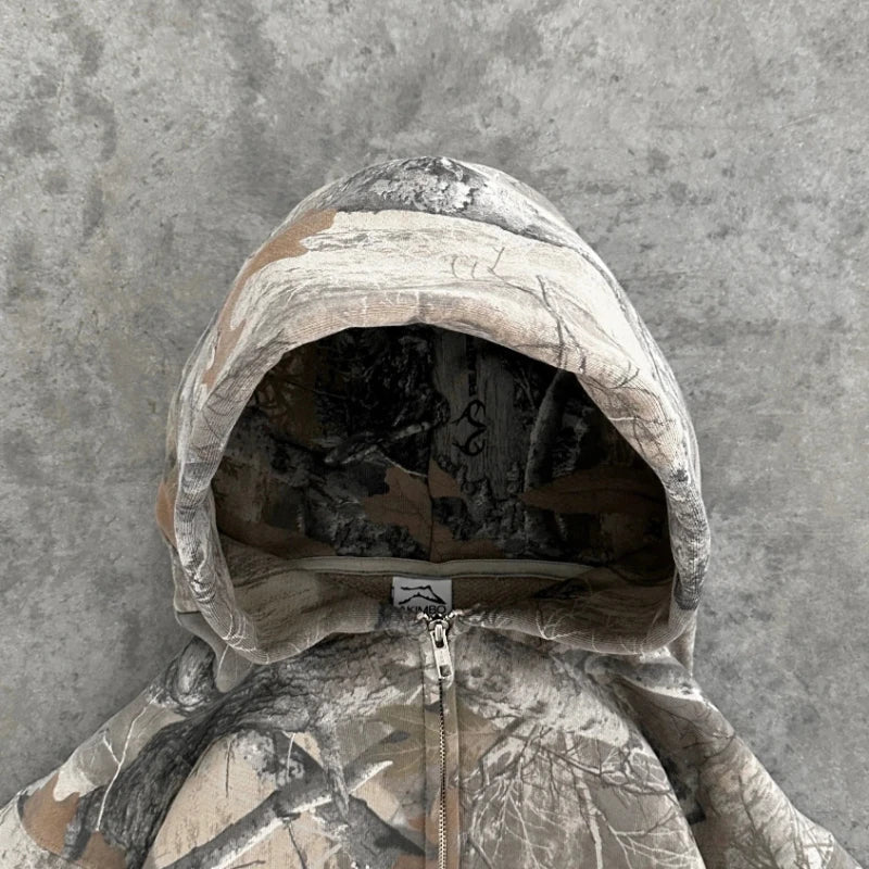 Y2K Retro zip up Hoodie Men Camouflage Pattern zipper Sweatshirt High Street Hip Hop Streetwear Oversized Unisex Camo Hoodie Royal Drip