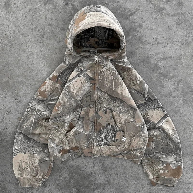 Y2K Retro zip up Hoodie Men Camouflage Pattern zipper Sweatshirt High Street Hip Hop Streetwear Oversized Unisex Camo Hoodie Royal Drip