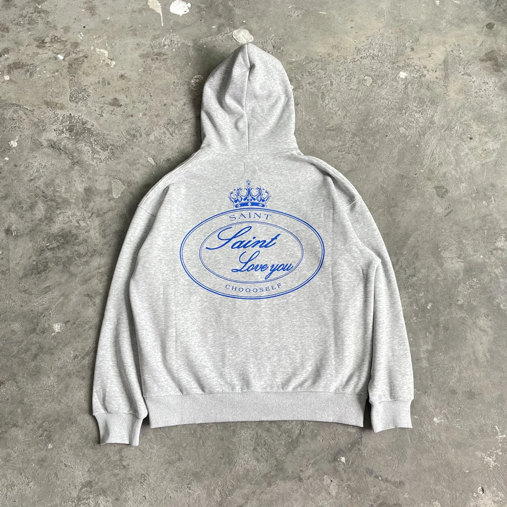 Yao Fashion  SAINT OF MICHAEL Zipper Casual Fleece Unisex Coat Loose Vintage Simple Graphics Print Streetwear Men Hooded Jacket Royal Drip