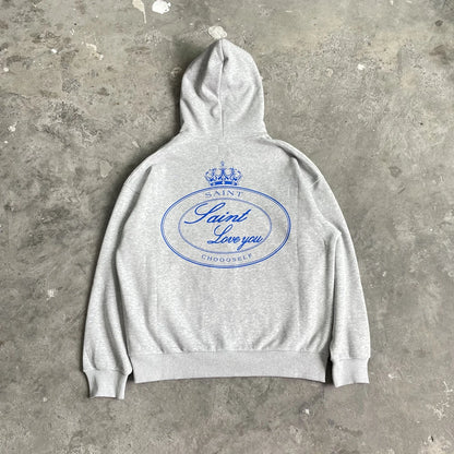Yao Fashion  SAINT OF MICHAEL Zipper Casual Fleece Unisex Coat Loose Vintage Simple Graphics Print Streetwear Men Hooded Jacket Royal Drip